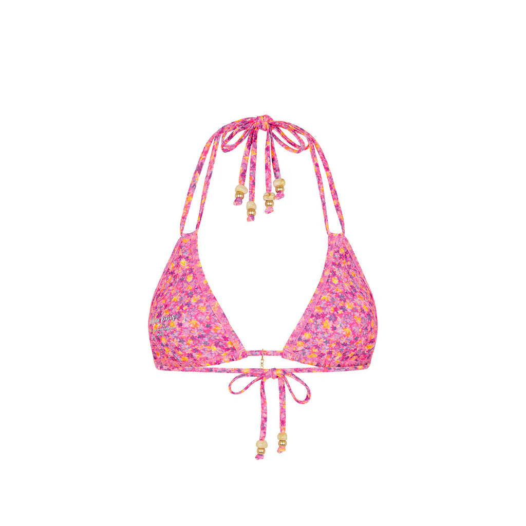 Pink floral bikini top on a white background
