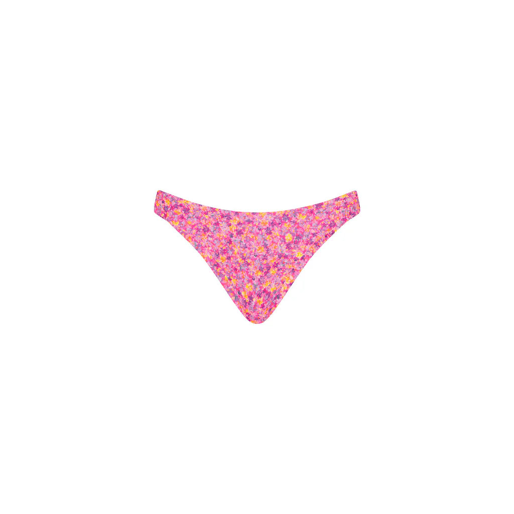Pink floral bikini bottom on a white background