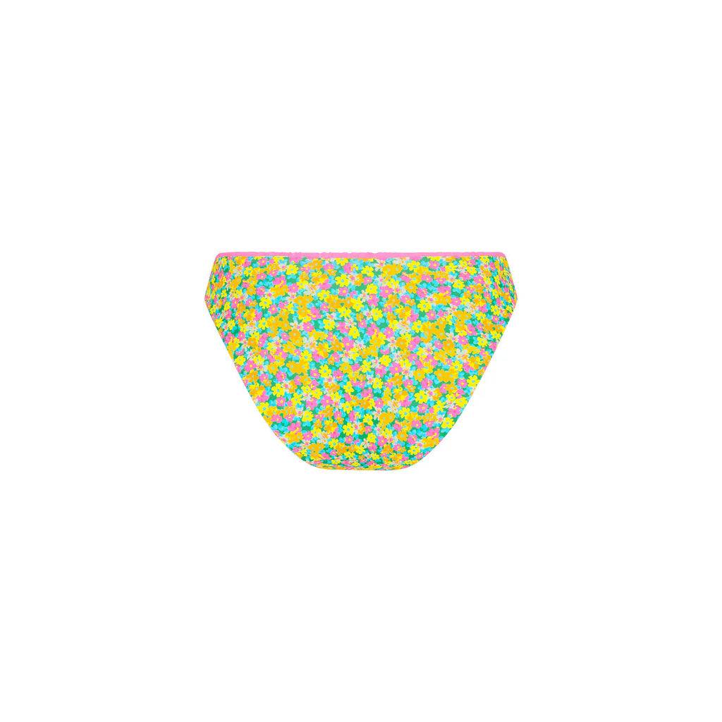 Colorful floral-patterned bikini bottom on a white background