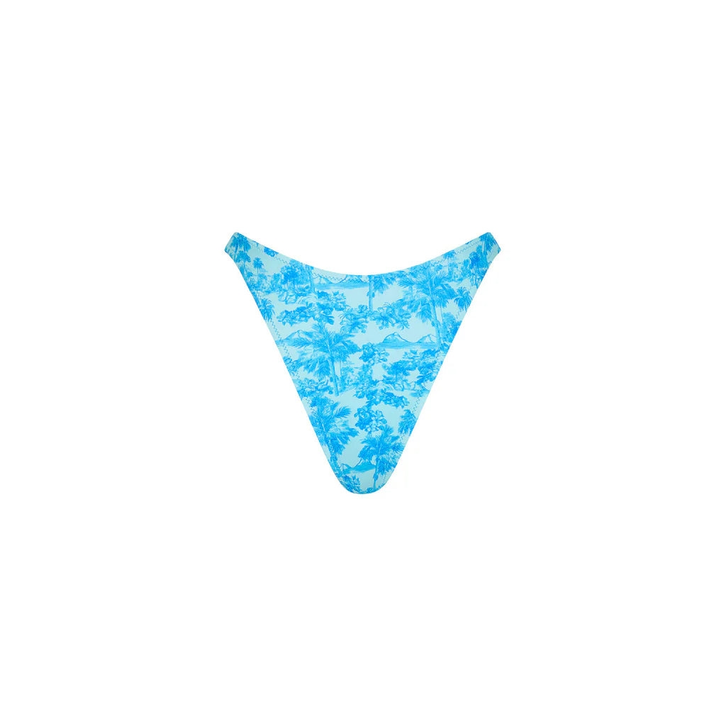 Blue floral-patterned bikini bottom on a white background