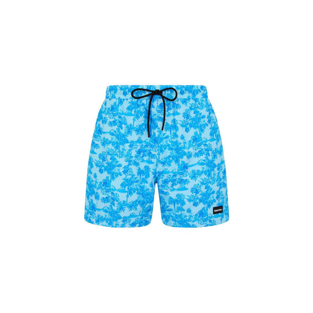 Blue tropical floral swim shorts with a black drawstring on a white background