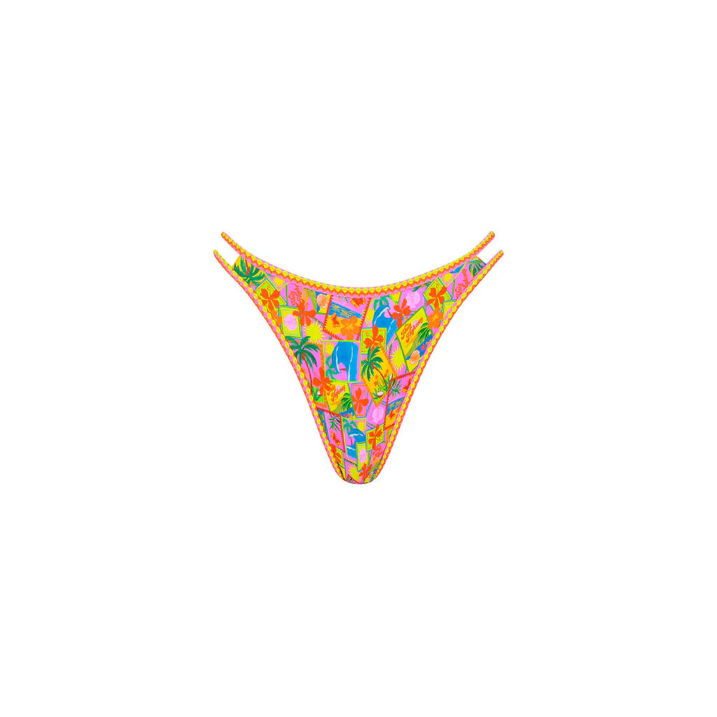 Colorful bikini bottom with tropical pattern on a white background