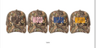 Four camo-patterned baseball caps with 'Wisco' branding on a white background.