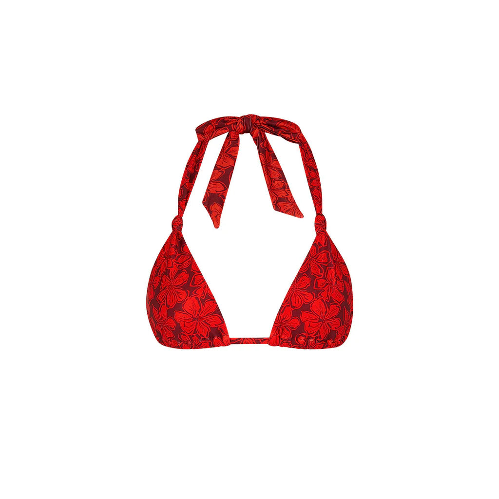Red floral triangle bikini top with adjustable halter ties on a white background.