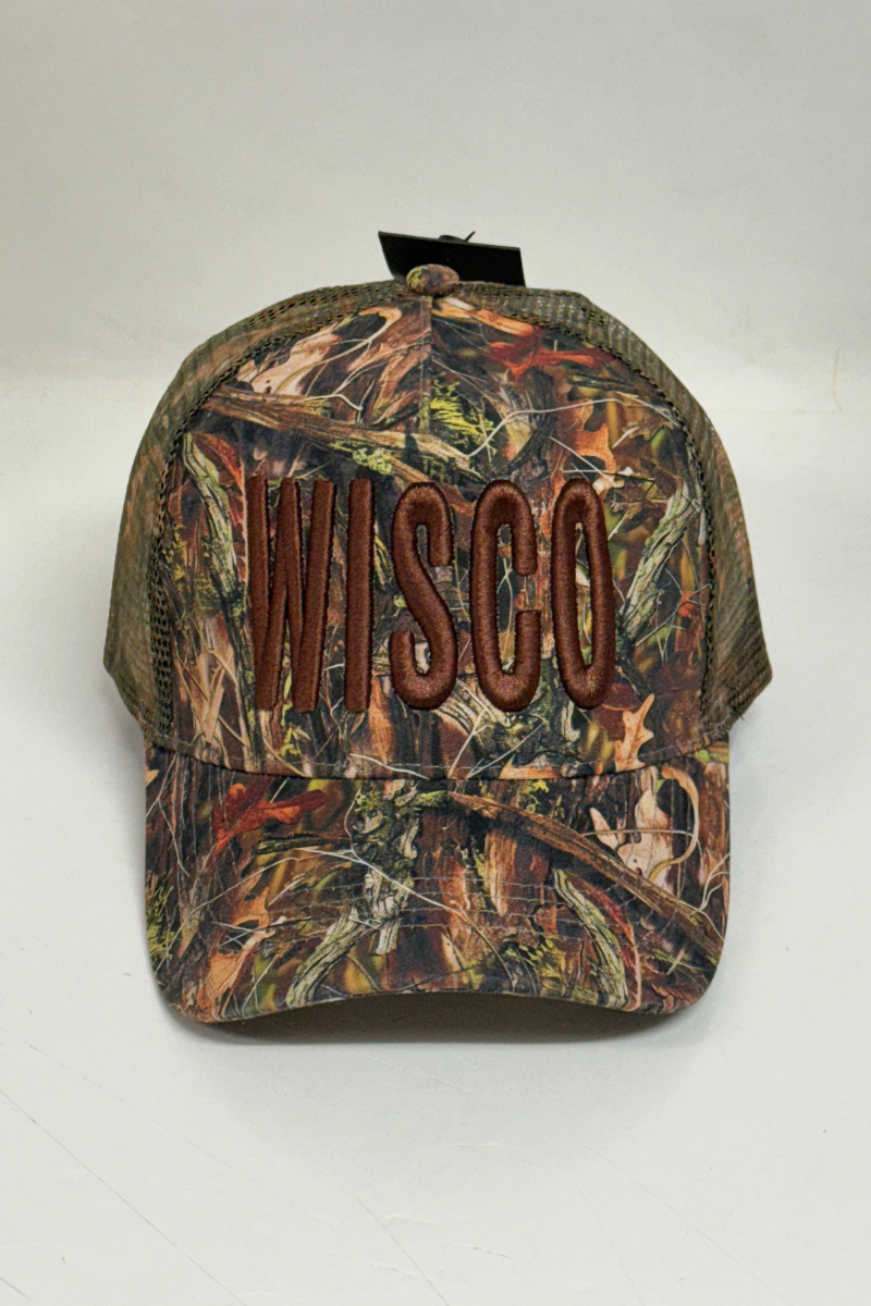 Camouflage cap with 'WISCO' branding on a white background