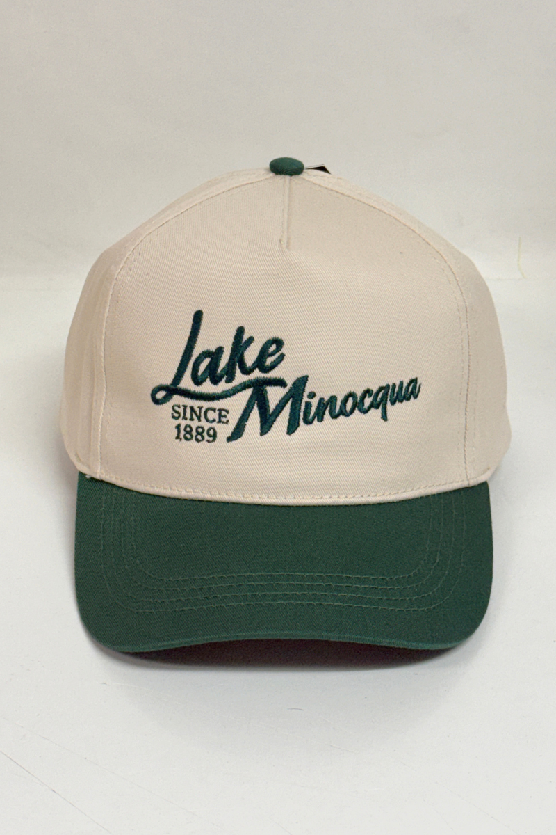 Beige and green cap with 'Lake Minocqua Since 1889' text on a white background