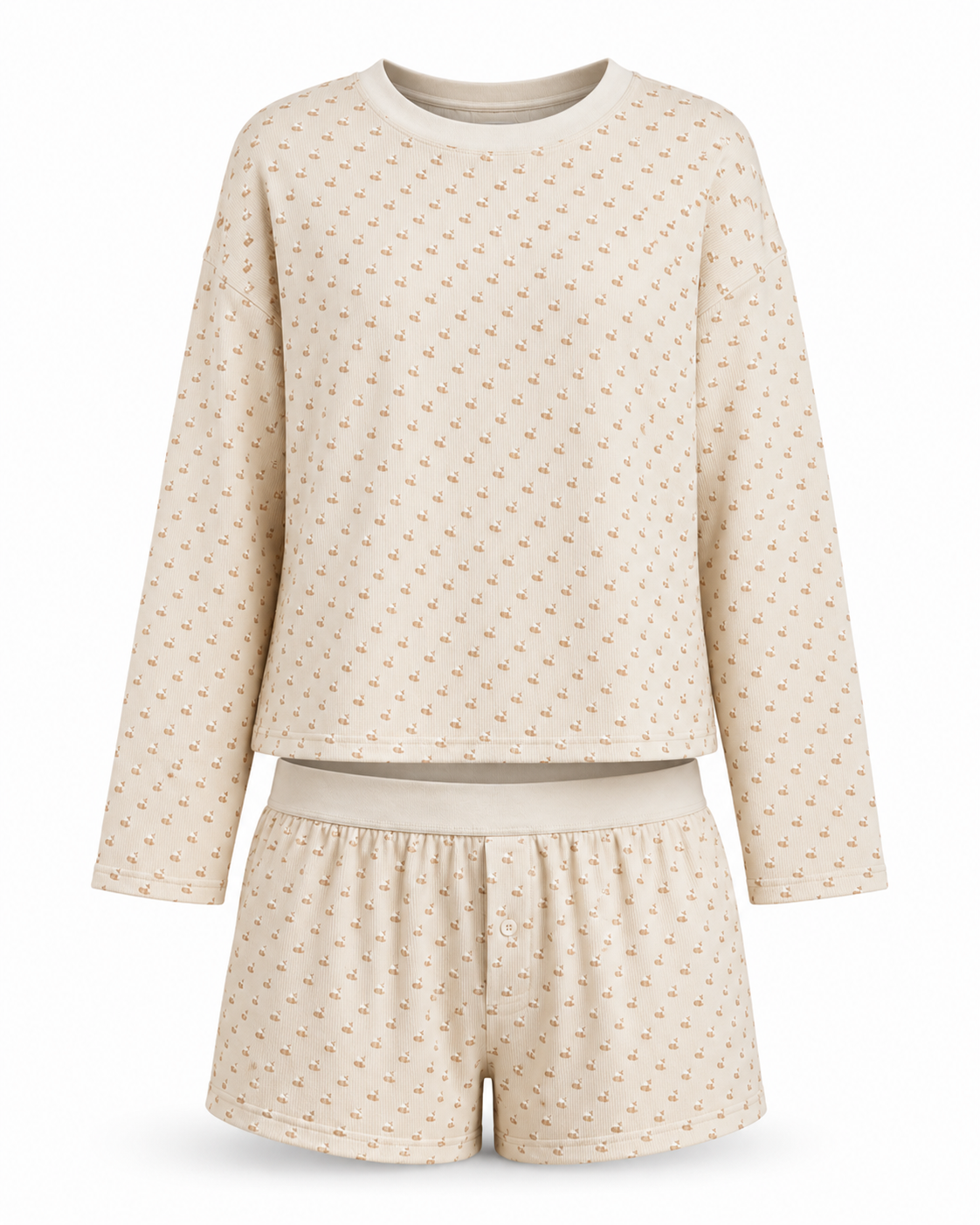 Beige pajama set with long-sleeve top and shorts on a white background