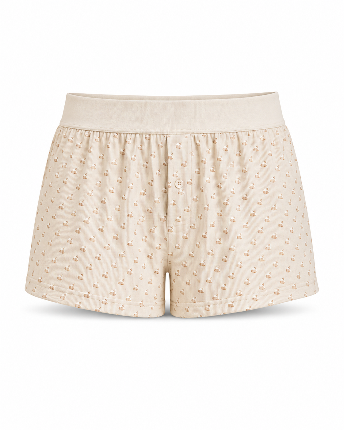 Beige shorts with a subtle pattern on a white background