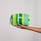 green, blue, white, yellow stripe quilt makeup tote