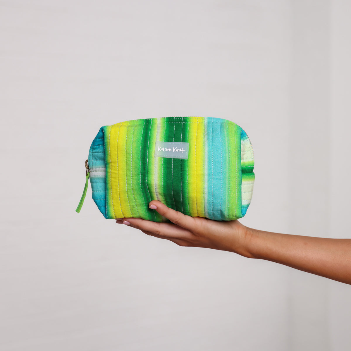 green, blue, white, yellow stripe quilt makeup tote