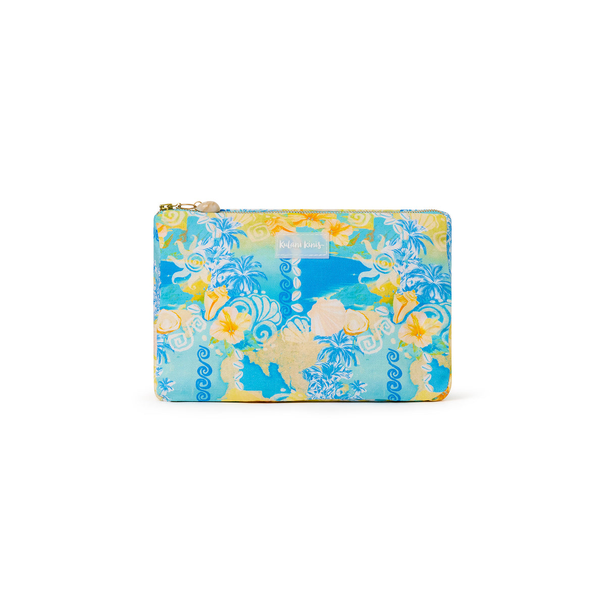 blue floral ocean themed with yellow color and shells beach pouch