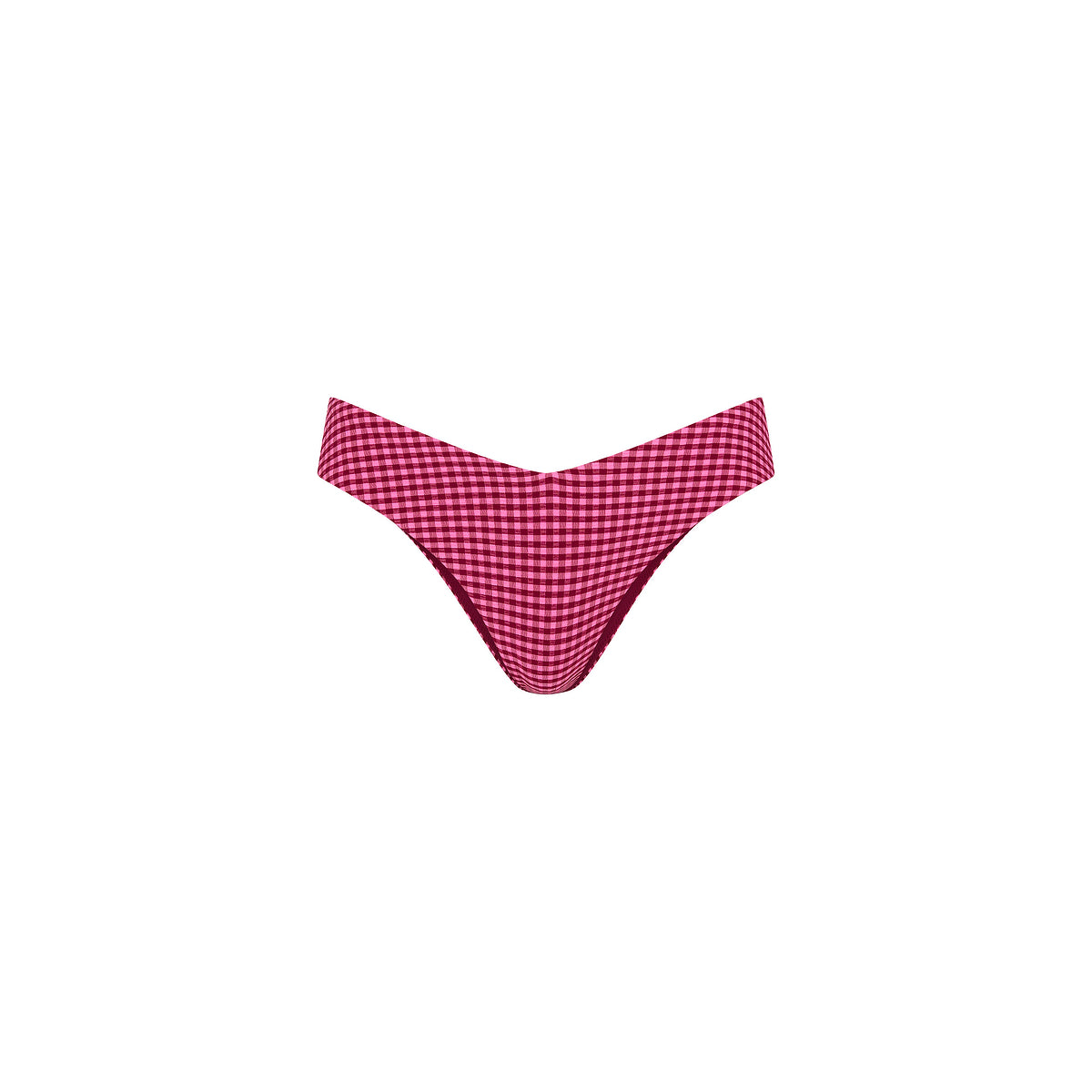 A pair of women's bikini bottoms featuring a red and white gingham checkered pattern, shown against a plain white background.