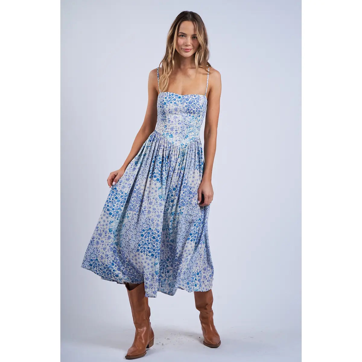 Blue Floral Patch Midi Dress