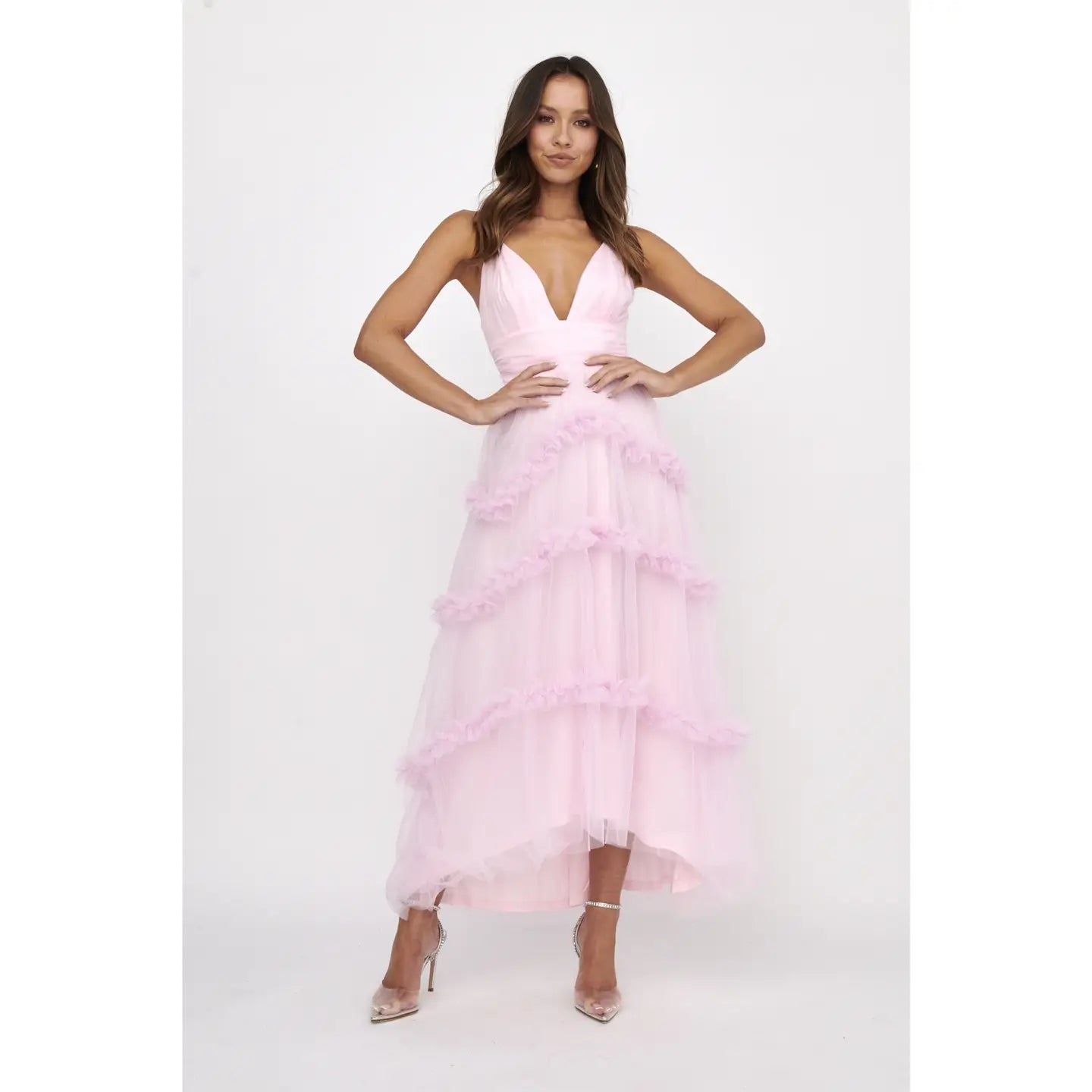 Deep V-Neck Tiered Tulle Midi Dress A Diamond in the North Deep V-Neck Tiered Tulle Midi Dress A Diamond in the North