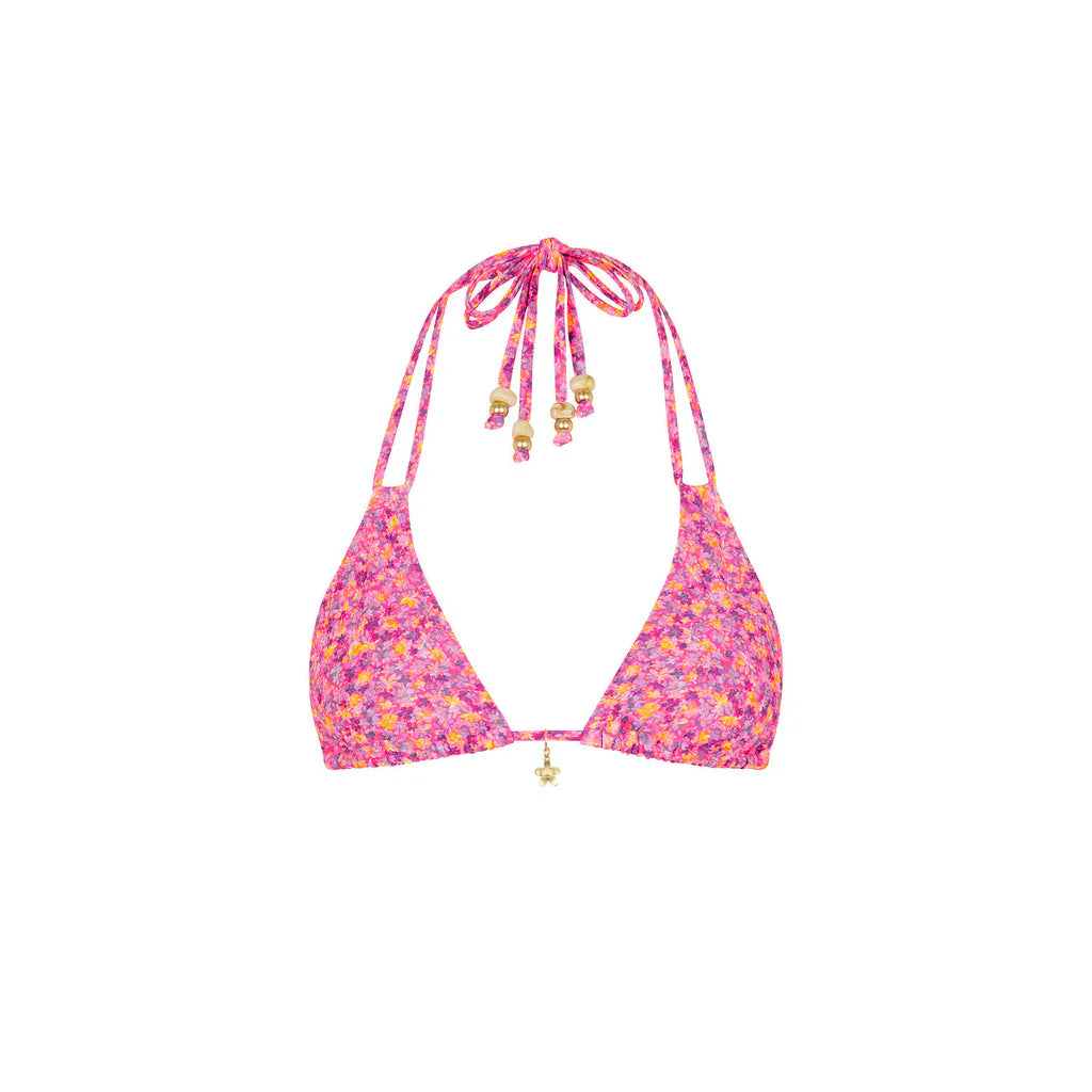 Pink floral patterned bikini top on a white background