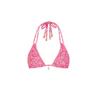 Pink floral patterned bikini top on a white background