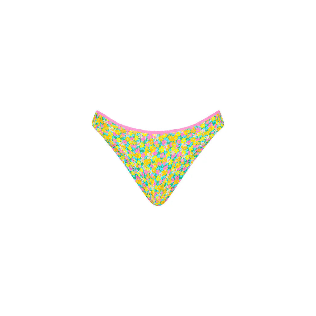 Colorful floral-patterned bikini bottom on a white background