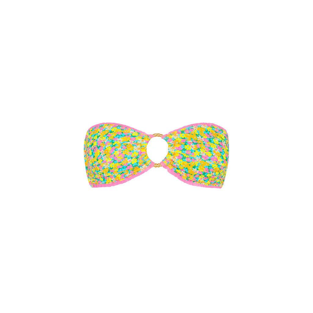 Multicolored floral bikini top on a white background