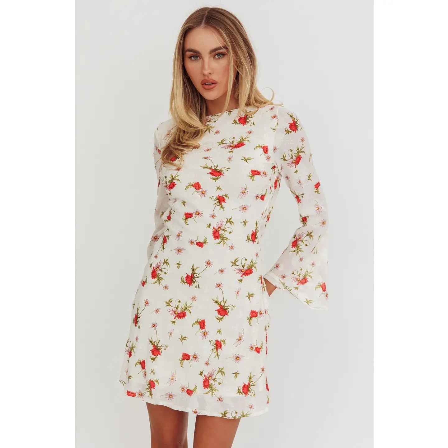 Red Floral Long Sleeve Mini Dress A Diamond in the North Red Floral Long Sleeve Mini Dress A Diamond in the North