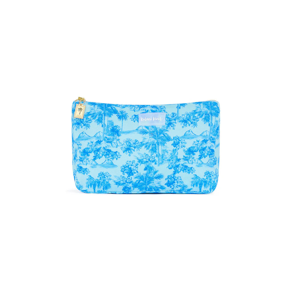 Blue floral patterned pouch with a gold zipper on a white background