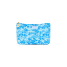 Blue floral patterned pouch with a gold zipper on a white background