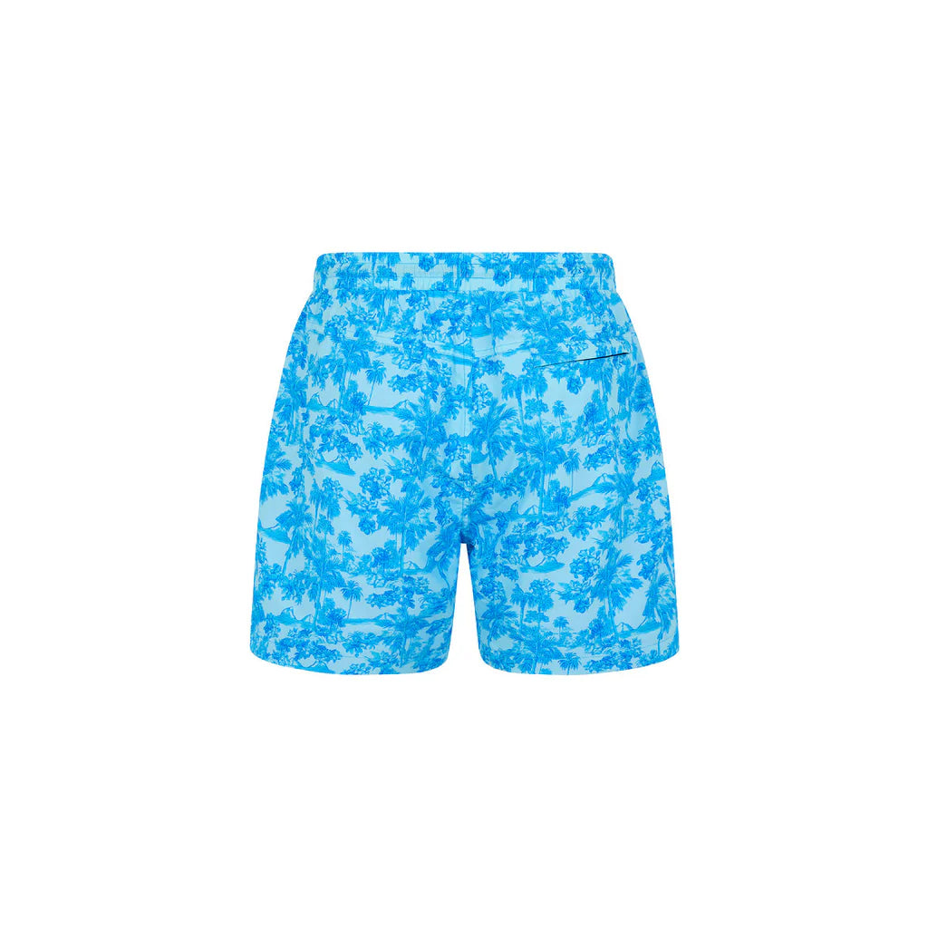 Blue tropical floral shorts on a white background