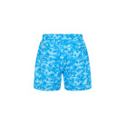 Blue tropical floral shorts on a white background