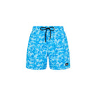 Blue tropical floral swim shorts with a black drawstring on a white background