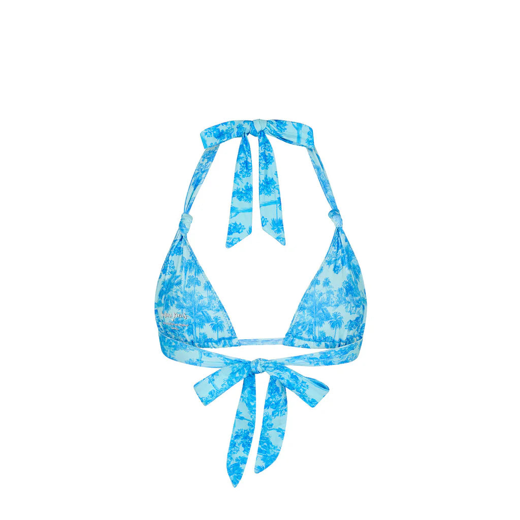 Blue tropical floral bikini top on a white background