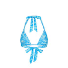 Blue tropical floral bikini top on a white background