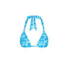 Blue and white tropical floral bikini top on a white background