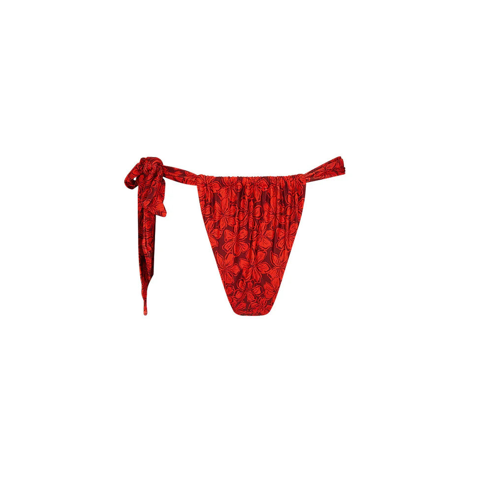 Red patterned bikini bottom on a white background
