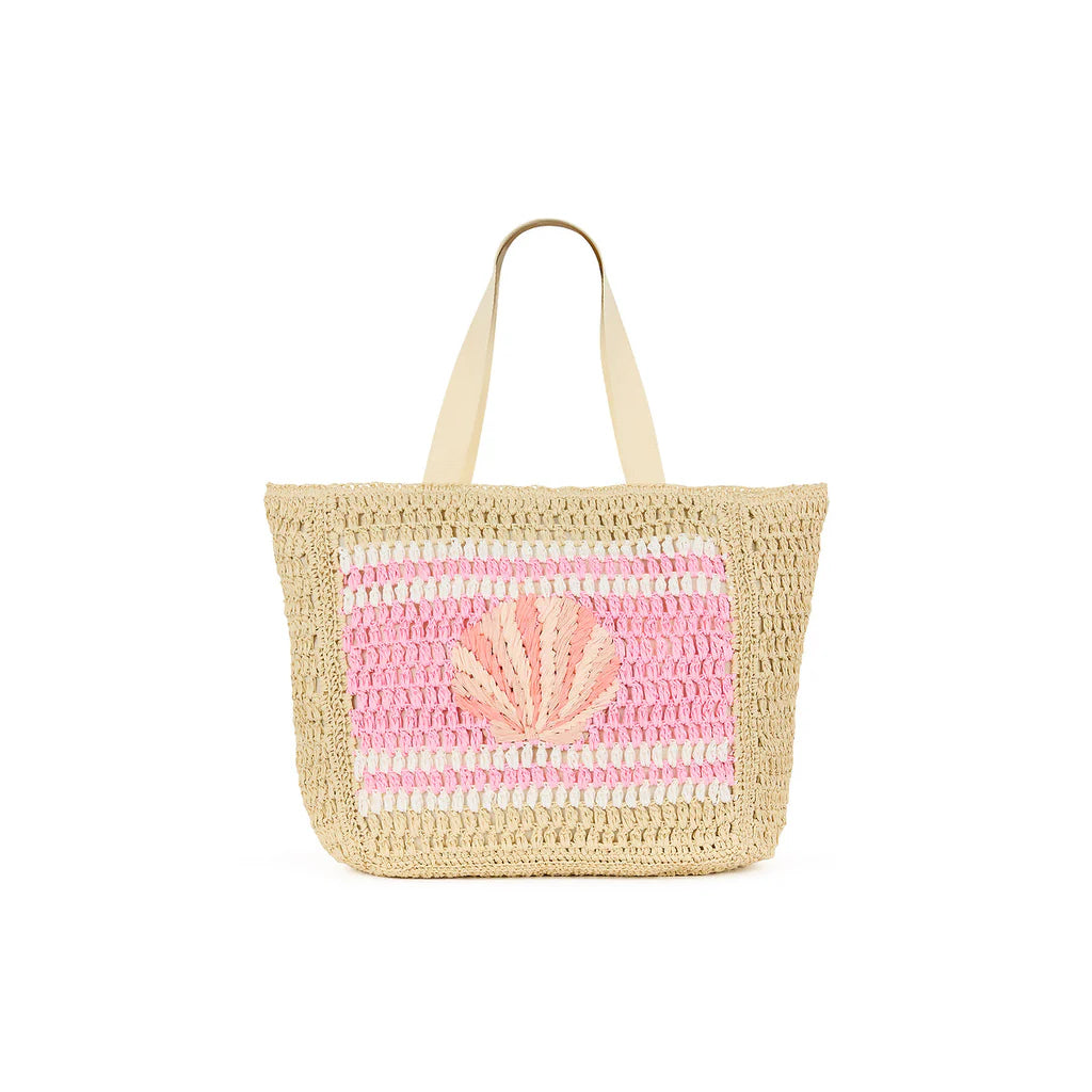 Woven tote bag with pink shell design on a white background