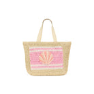 Woven tote bag with pink shell design on a white background
