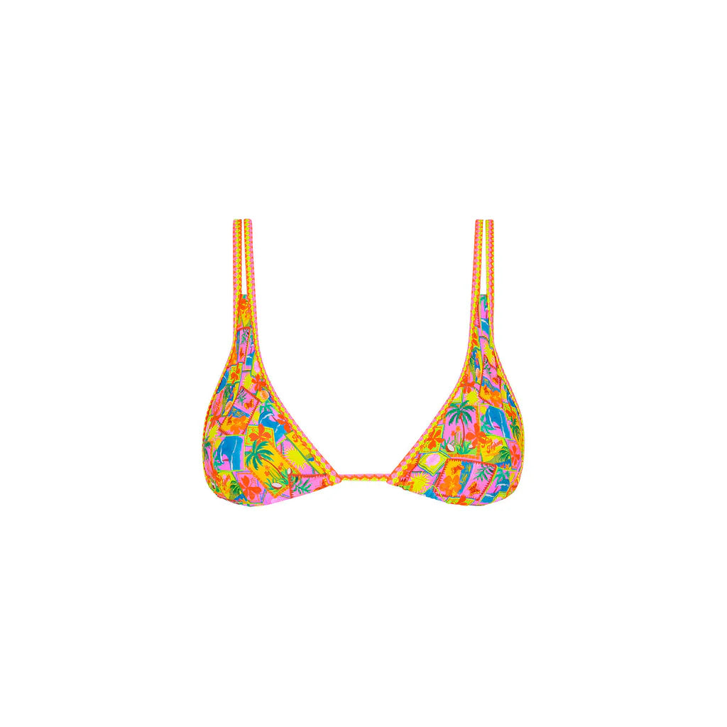 Colorful bikini top with floral pattern on a white background