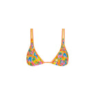 Colorful bikini top with floral pattern on a white background