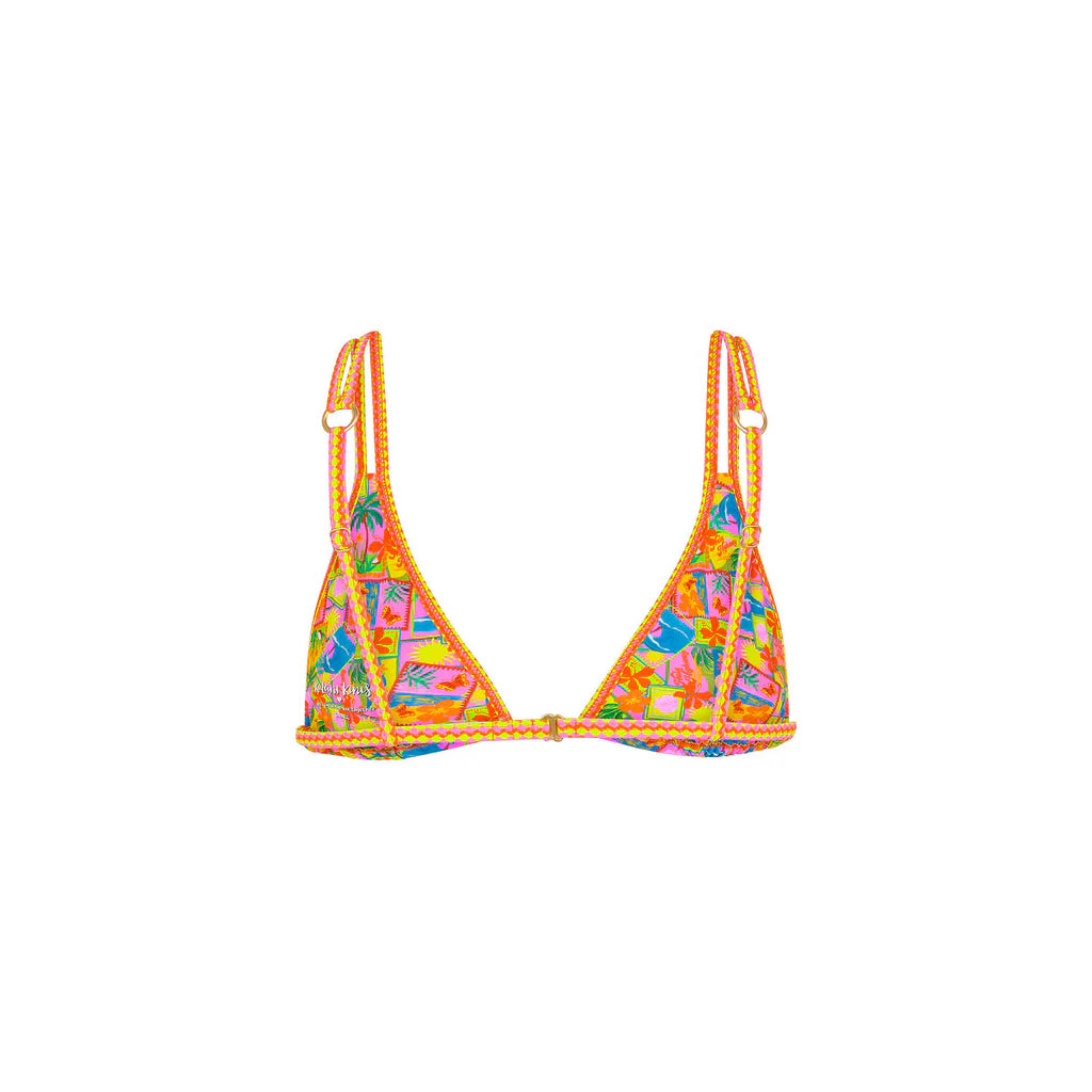 Colorful bikini top with floral pattern on a white background