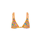 Colorful bikini top with floral pattern on a white background
