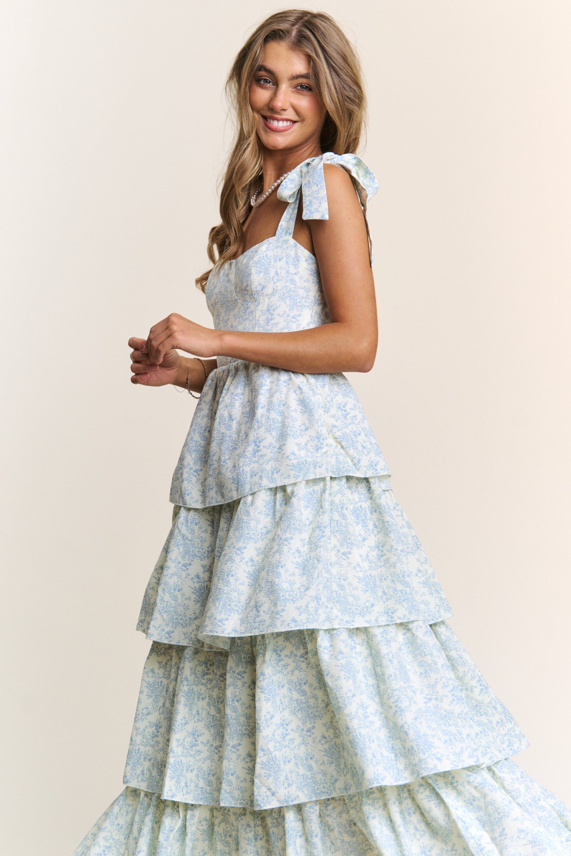 Shoulder Ribbon Strap Tiered Dress