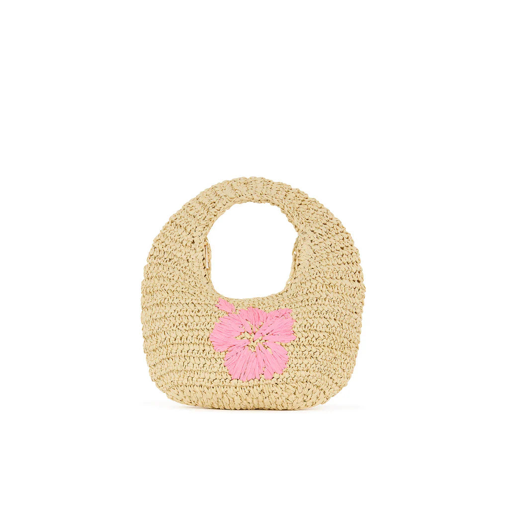 Beige straw bag with a pink flower on a white background